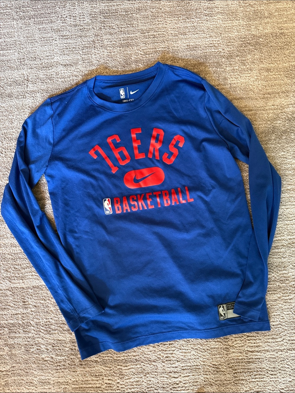 Nike Royal Blue Long-Sleeve 76ERS Basketball Tee with Red Logo